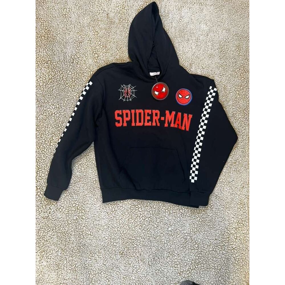 Marvel Spider-Man Hoodie Black Checkered Sleeves Medium M Unisex Graphic New